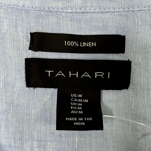 Tahari Top Womens Medium Blue 100% Linen V Neck 3/4 Sleeve Boxy Relaxed Buttons - Picture 4 of 12